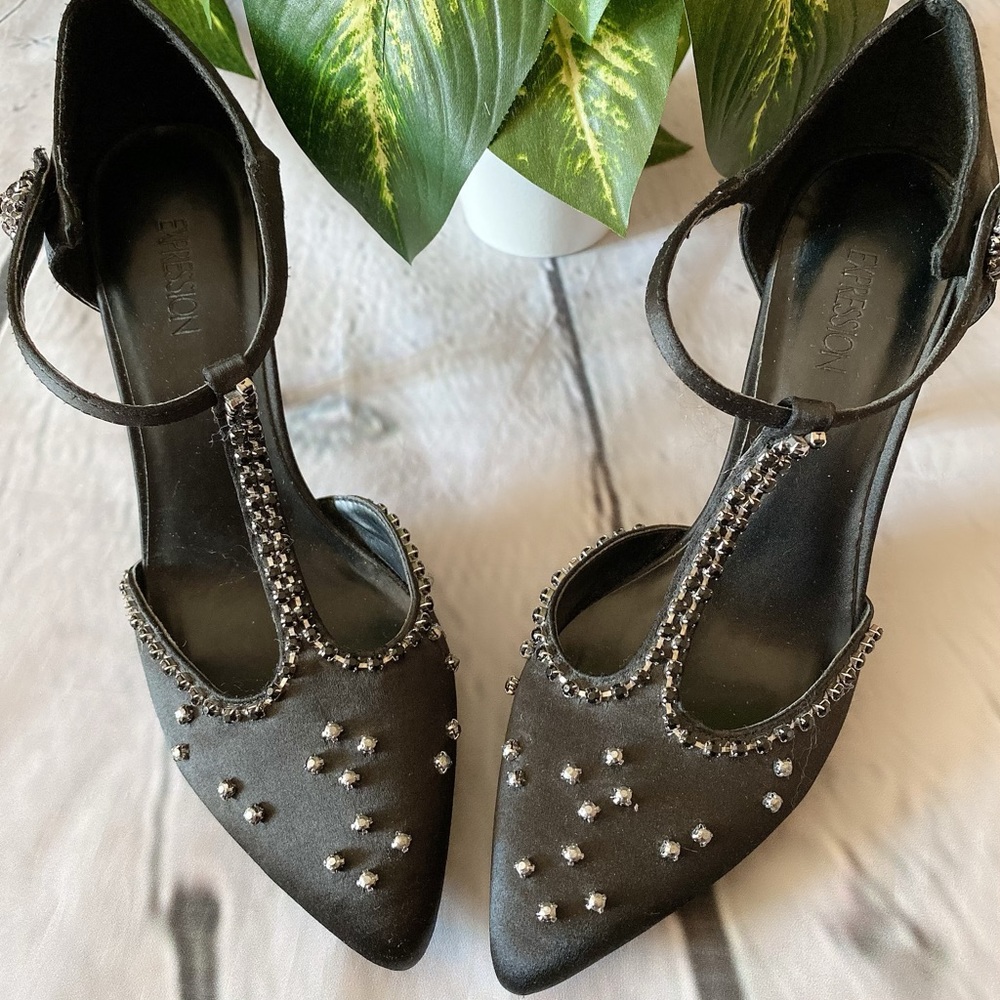 Brand New Satin Studded Designer Inspired Dress Heels - Black